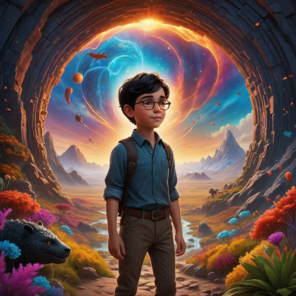 a boy standing in front of a tunnel with a dog looking at him and a dog looking at him, magical realism, poster art, Aaron Jasinski, promotional image