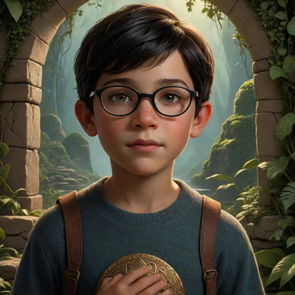a boy with glasses and a backpack standing in front of a doorway with a forest scene behind him and a golden egg in his hand, photorealism, a character portrait, Aaron Jasinski, promotional image