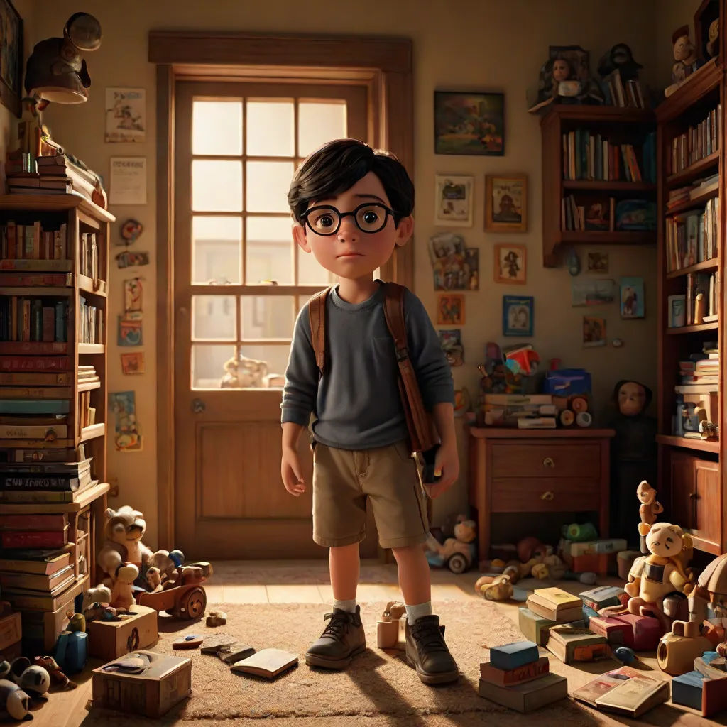 a boy in glasses standing in a room full of toys and books on the floor and a window with a light shining in, photorealism, a storybook illustration, Diego Gisbert Llorens, cgstudio