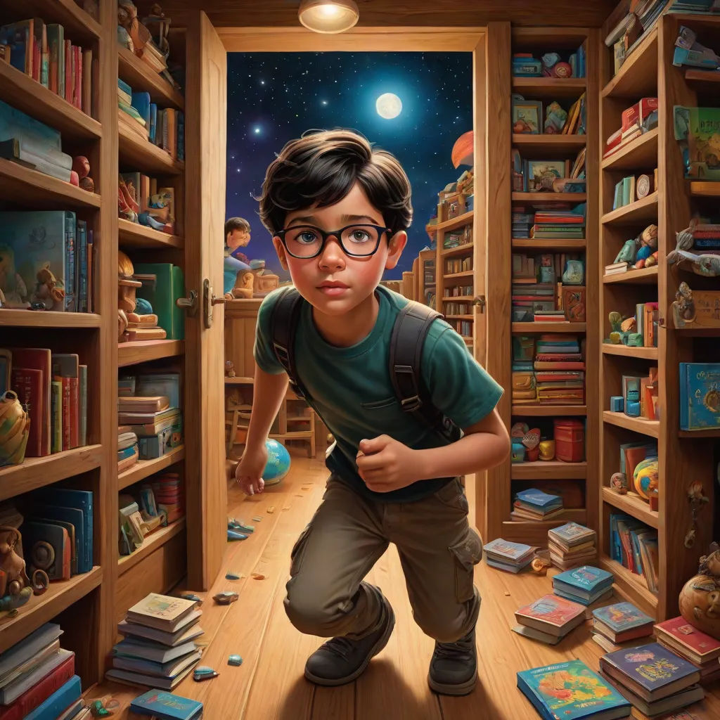 a boy in a library with a backpack and glasses on, looking at the camera and smiling at the viewer, magical realism, a storybook illustration, Chris LaBrooy, highly detailed digital painting