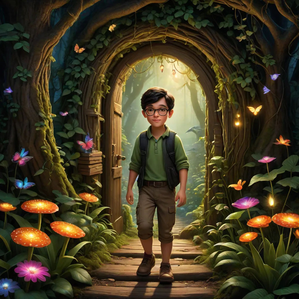 a boy in a green shirt and brown pants is standing in a doorway with flowers and butterflies around him, magic realism, a storybook illustration, Aaron Jasinski, rossdraws global illumination