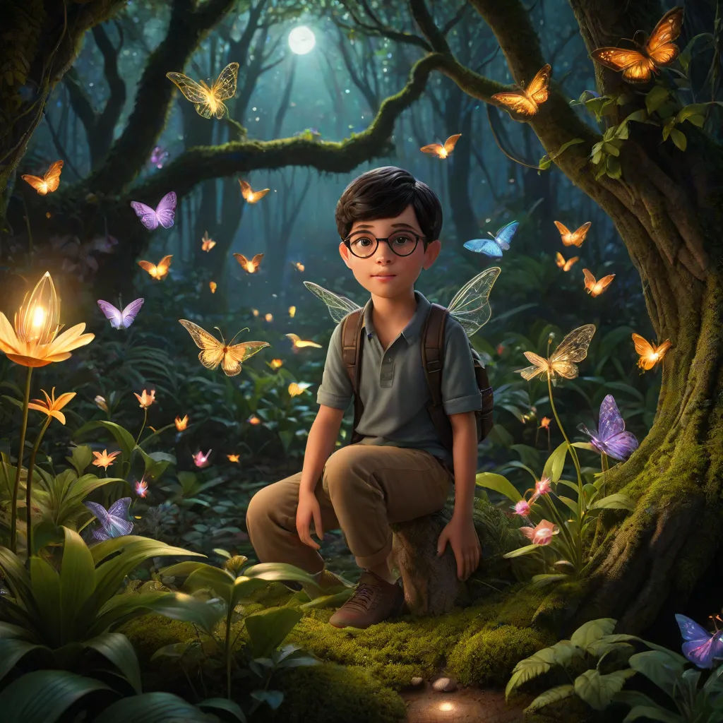 a boy sitting on a mossy ground surrounded by butterflies and flowers in a forest with a light shining on him, magical realism, a storybook illustration, Brad Kunkle, promotional image