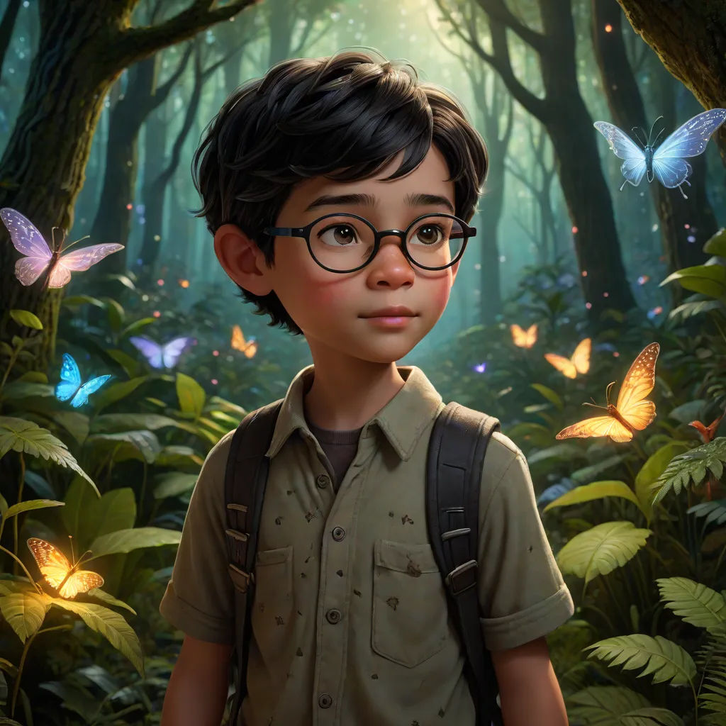 a boy with glasses and a backpack in a forest with butterflies flying around him and a butterfly in the air, magical realism, poster art, Alejandro Burdisio, key art