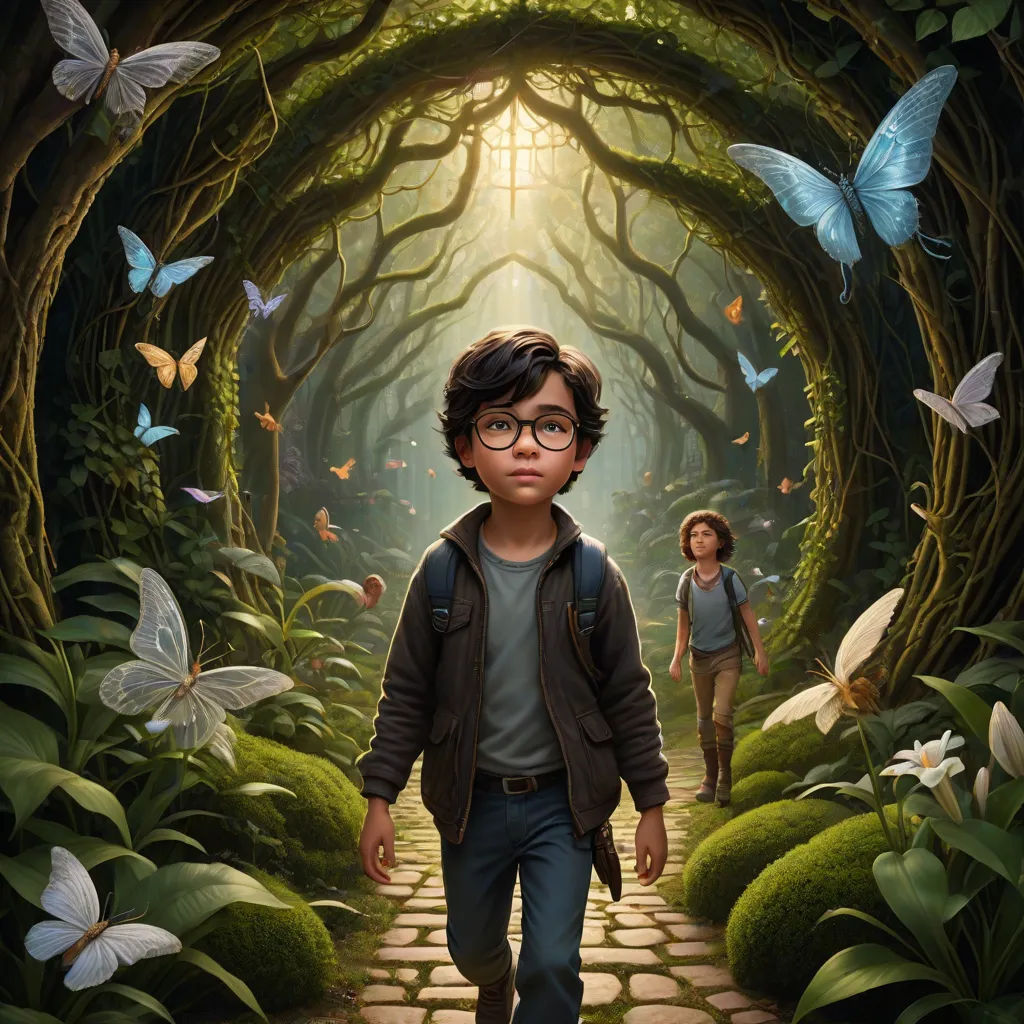 a boy and girl walking through a forest with butterflies flying around them and a light shining through the trees, magical realism, poster art, Aaron Jasinski, promotional image