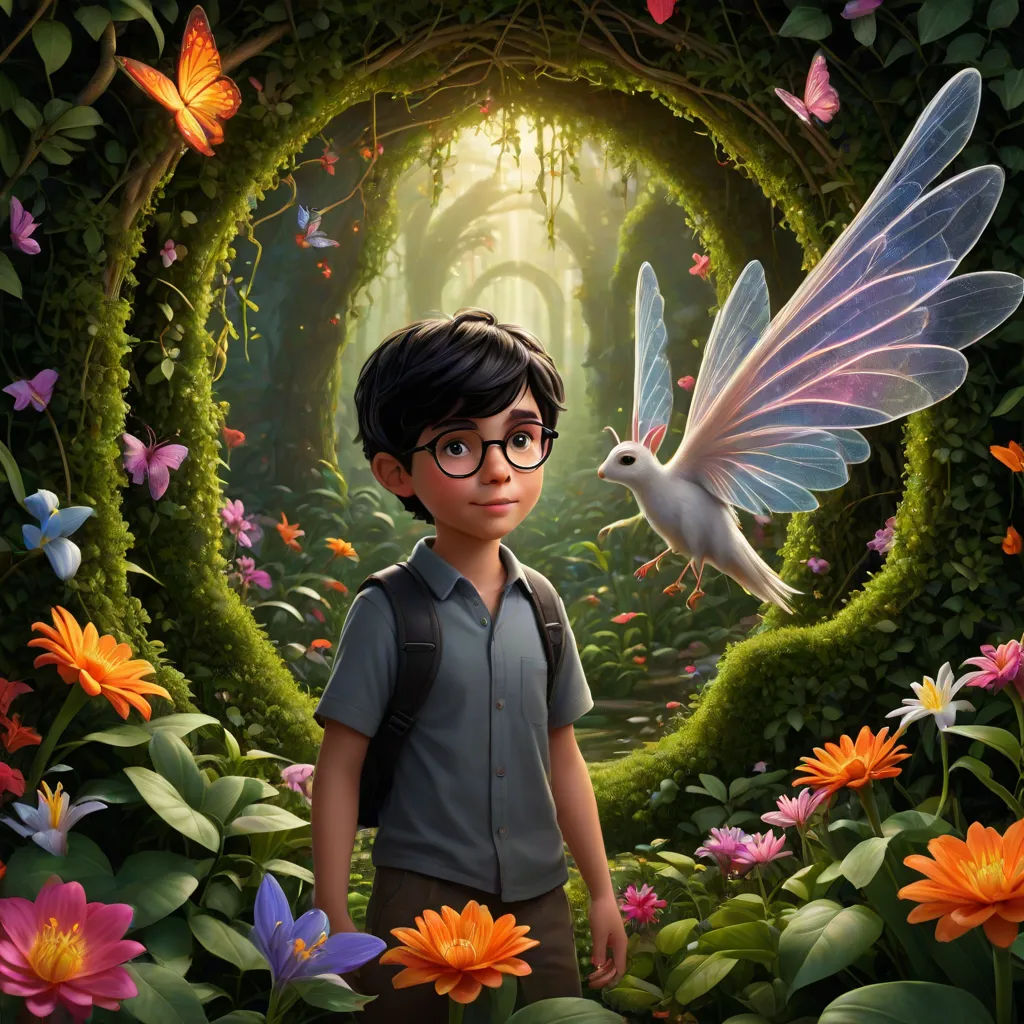 a boy with glasses and a bird in a forest with flowers and butterflies around him, with a light shining through the leaves, magic realism, poster art, Cliff Childs, promotional image
