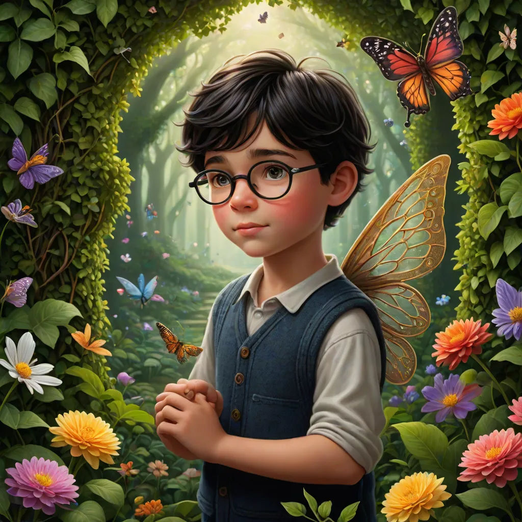 a painting of a boy with glasses and a butterfly on his shoulder in a forest with flowers and butterflies, magical realism, a storybook illustration, Brad Kunkle, official art