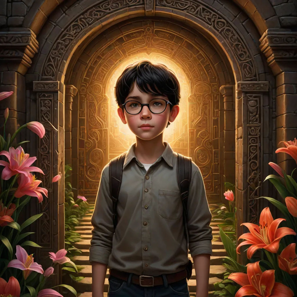 a boy with glasses standing in a doorway with flowers around him and a light coming through the doorway behind him, magical realism, poster art, Aaron Jasinski, key art
