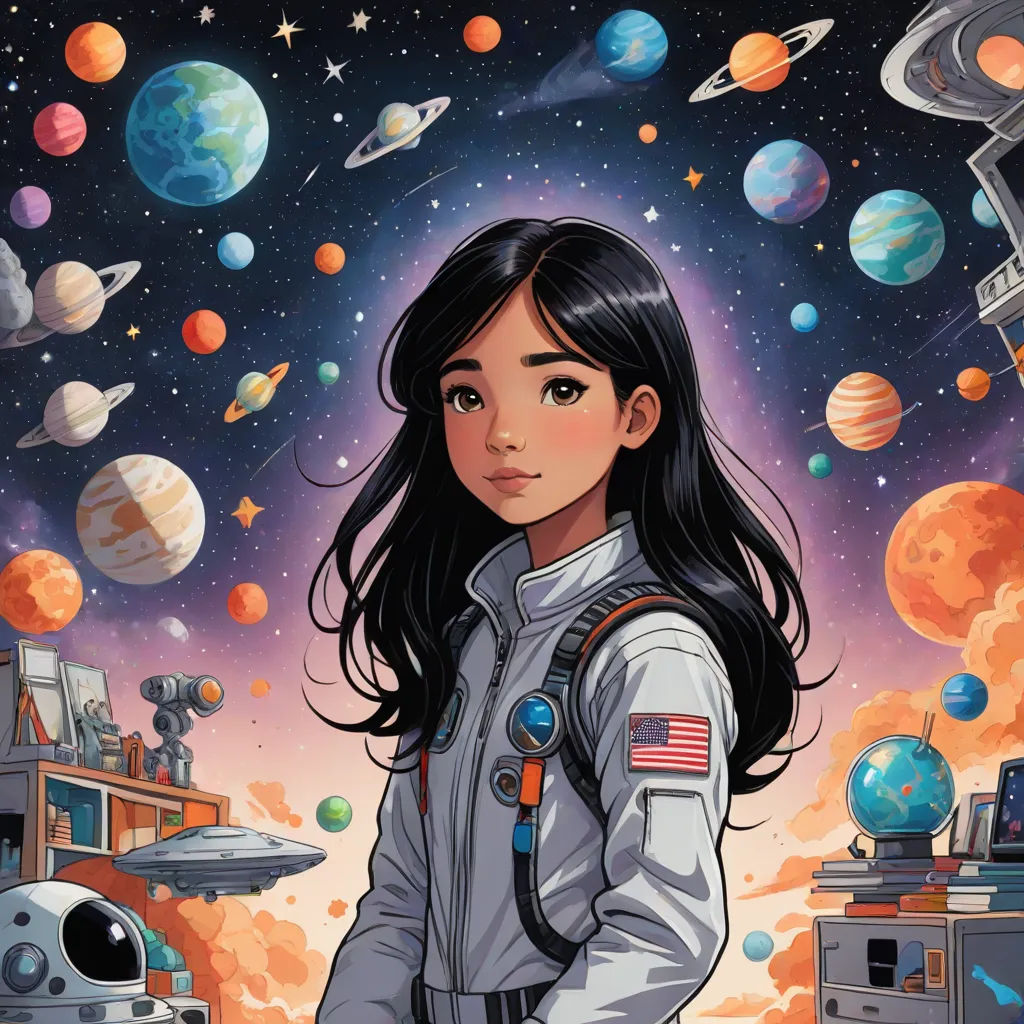a girl in a space suit standing in front of a space station with planets and stars in the background, space art, a poster, Christopher Moeller, comic cover art