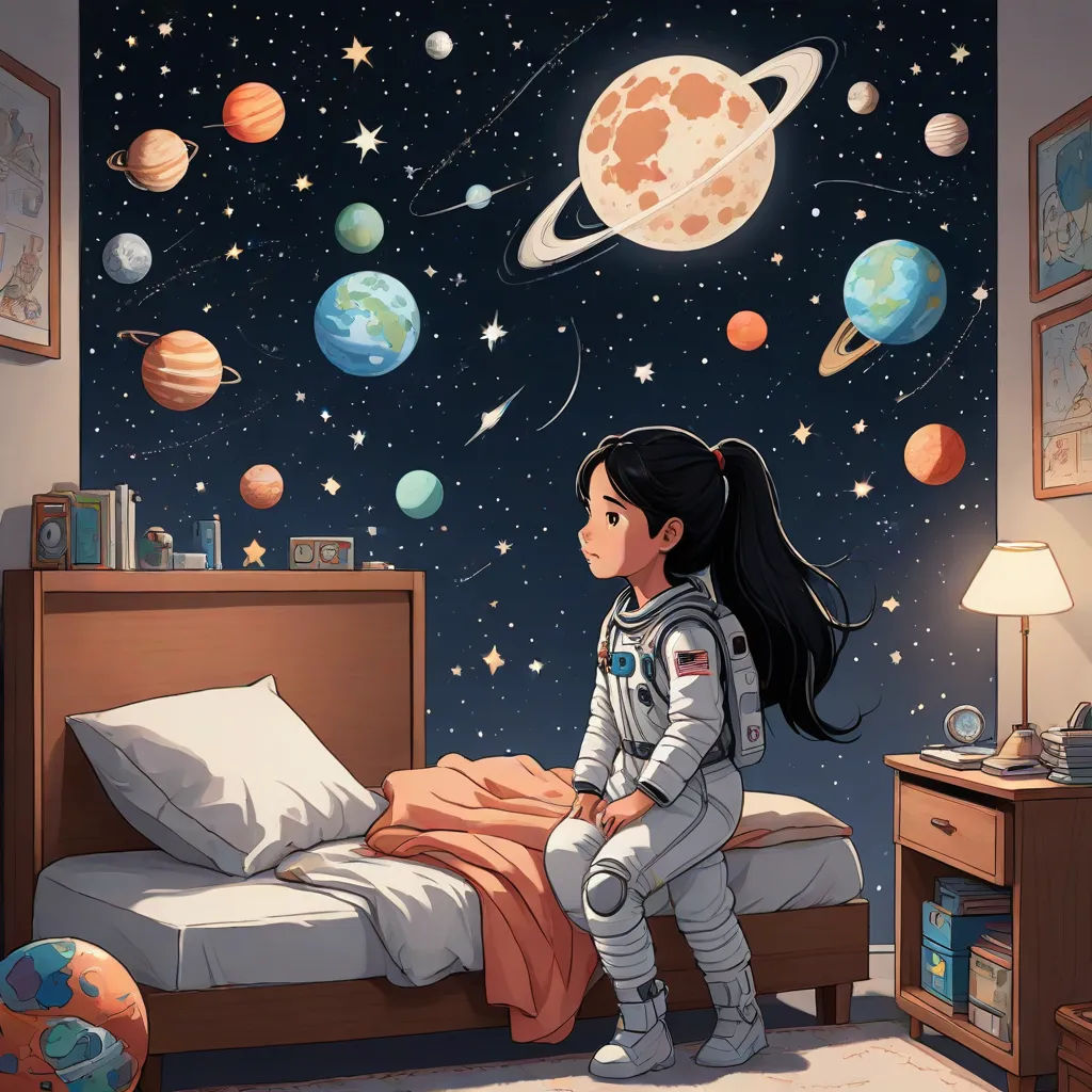 a girl in a space suit sitting on a bed in a bedroom with planets and stars on the wall, space art, a storybook illustration, Atey Ghailan, space
