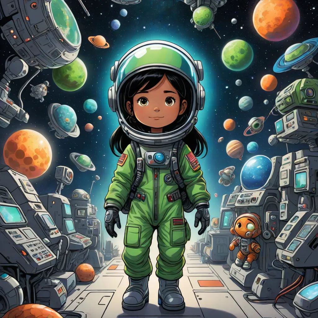 a cartoon of a girl in a space suit standing in front of a bunch of planets and stars with a teddy bear, space art, poster art, Cliff Childs, comic cover art