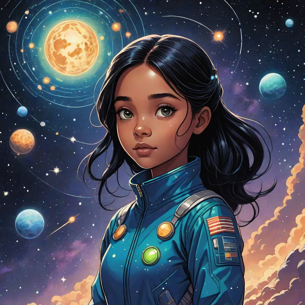 a girl in a space suit standing in front of a full moon and planets in the sky with a full moon in the background, space art, poster art, Aaron Jasinski, comic cover art