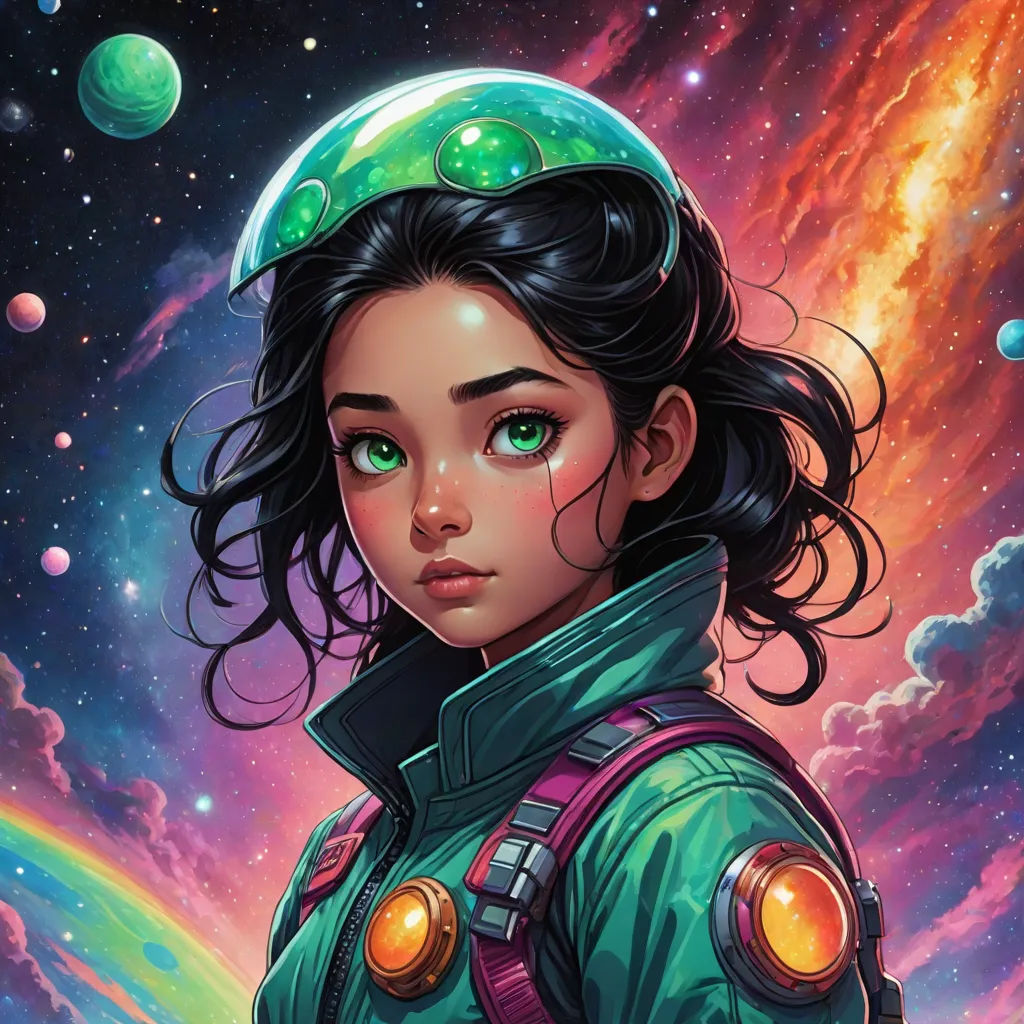 a girl in a space suit with a helmet on her head and planets in the background, with a bright sky filled with stars, space art, a detailed painting, Artgerm, stanley artgerm lau