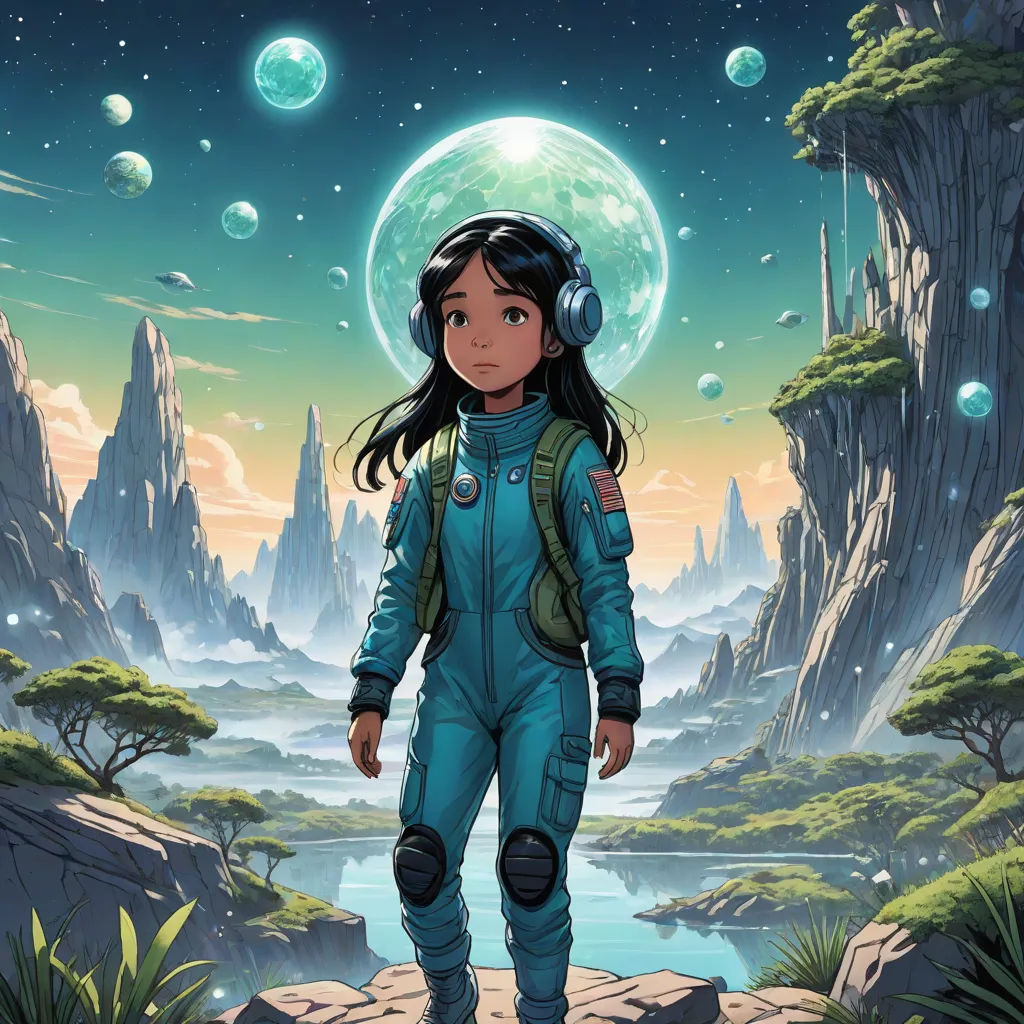 a girl in a space suit standing on a rock with a mountain in the background and a planet in the sky, space art, poster art, Cliff Childs, josan gonzales and dan mumford