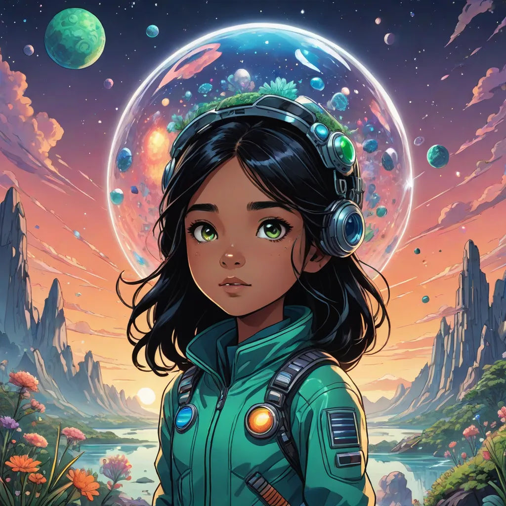 a girl in a space suit with headphones on and planets in the background, with a planet in the sky, space art, poster art, Cliff Childs, comic cover art