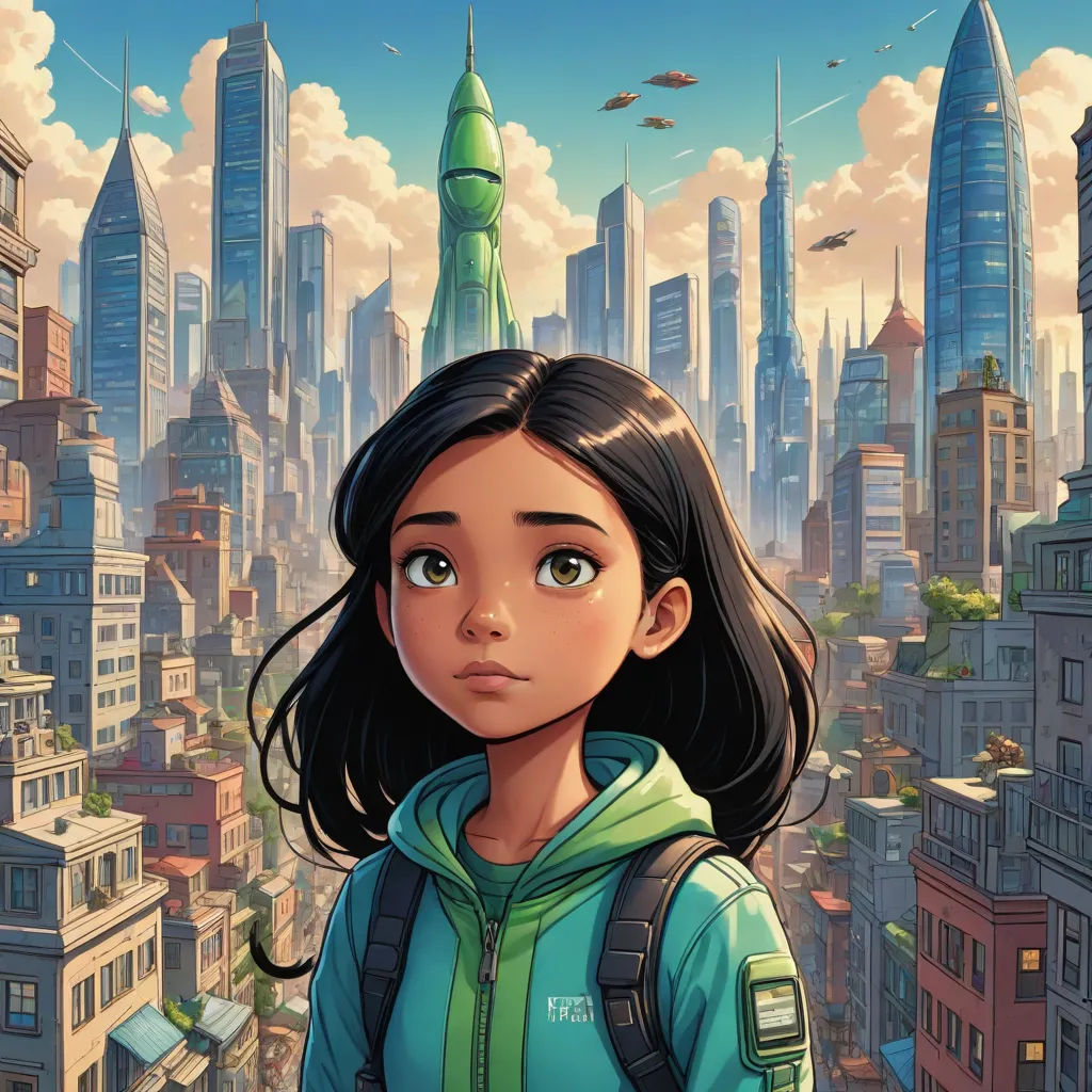 a girl in a green jacket standing in front of a cityscape with a green spire in the background, retrofuturism, a comic book panel, Cliff Childs, yukito kishiro