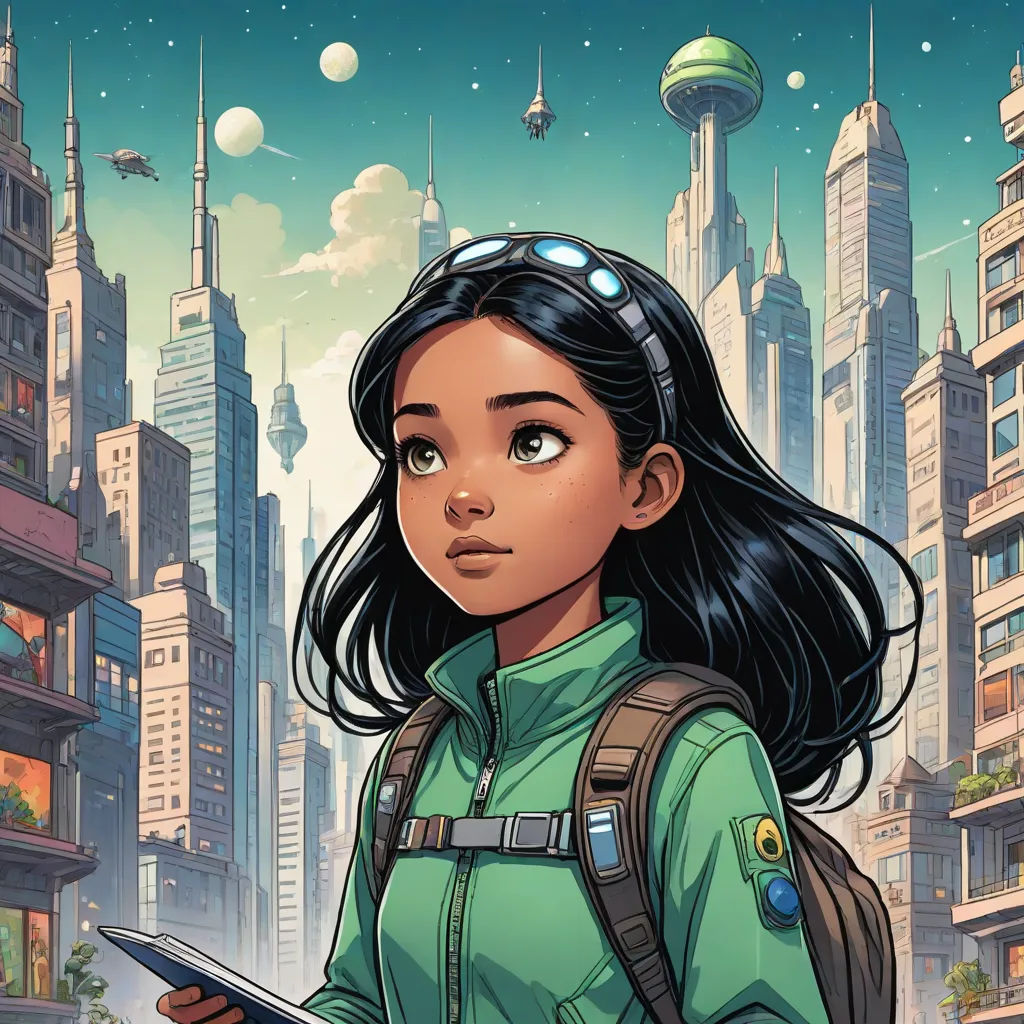 a girl in a green shirt is holding a tablet in front of a cityscape with a futuristic skyline, retrofuturism, a comic book panel, Cliff Childs, comic cover art