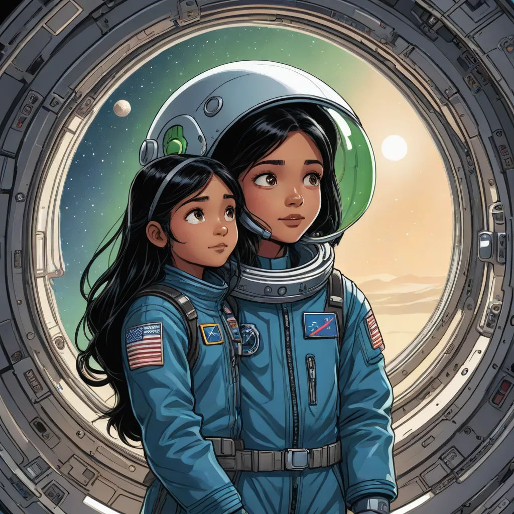 a couple of people that are in a space suit together, looking out a window at the sky and the moon, space art, a comic book panel, Cliff Childs, comic cover art