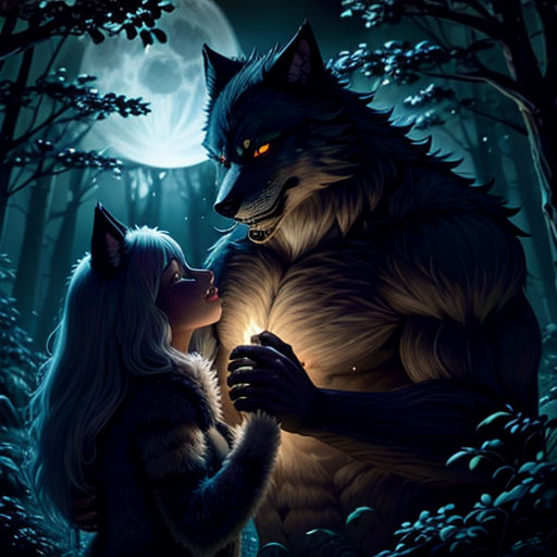 a woman and a wolf in the woods at night with a full moon behind them and a wolf looking at her