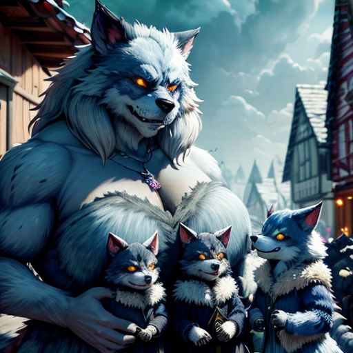 a group of cats standing next to each other in front of a building with a wolf on it's chest
