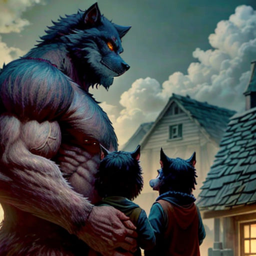 a painting of a man holding a child and two cats in front of a house with a wolf on it