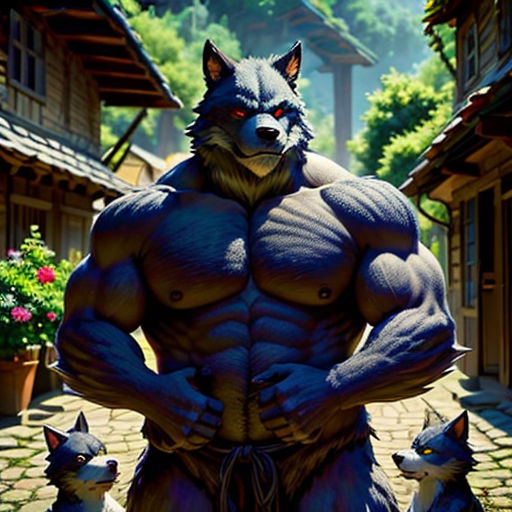 a man with a big body and a dog in front of him, with a house in the background