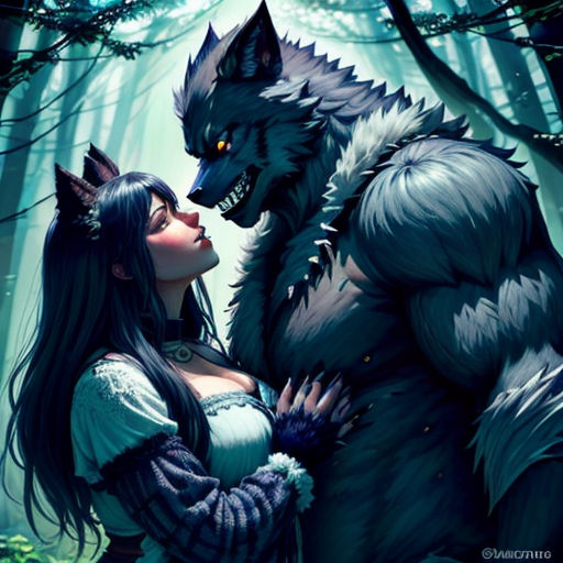 a woman and a wolf are standing in the woods together, with one of them kissing the other's face