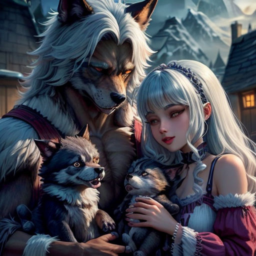 a woman holding a dog and a wolf in front of a mountain range with a full moon in the sky