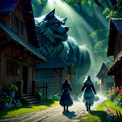 a couple of people walking down a street next to a wolf on a street sign with a forest background
