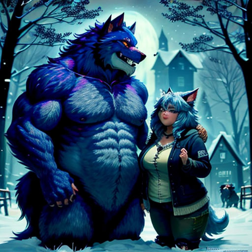 a woman standing next to a giant blue wolf in a snowy forest with a house in the background and a full moon in the sky