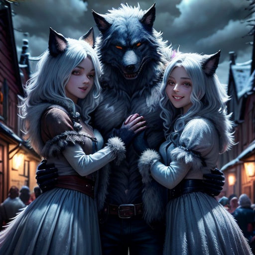 two girls and a wolf in a fantasy setting with a full moon in the background and a full moon in the sky