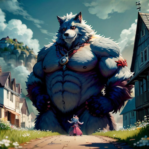 a cartoon character standing in the middle of a road with a giant animal on it's back and a little girl standing in the middle of the road