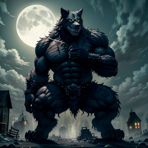 a large furry creature standing in front of a full moon sky with a city in the background and a full moon in the sky