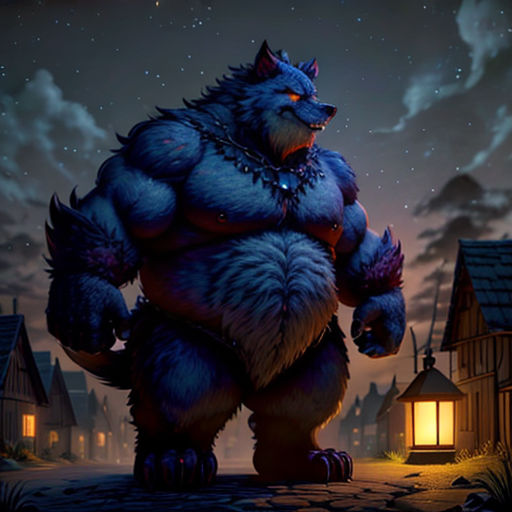 a big furry creature standing in front of a night sky with a house and a lantern in the background