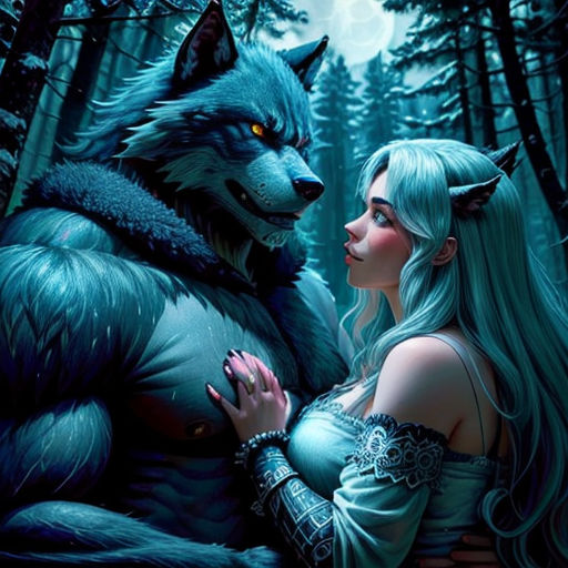 a woman and a wolf are standing in the woods together, with a full moon in the background and a wolf in the foreground