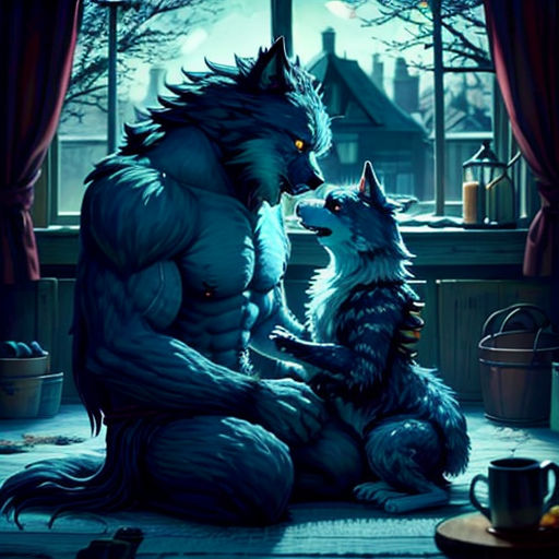 a wolf and a wolf cub sitting on the floor in front of a window with a full moon in the background