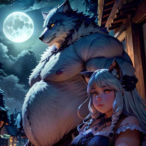 a woman standing next to a wolf in front of a full moon sky with a full moon behind her