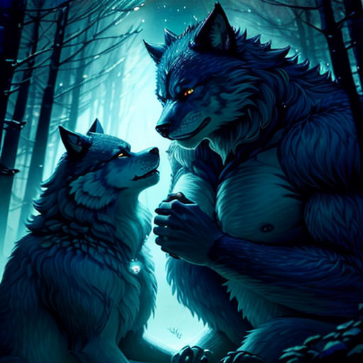 two wolfs standing in the woods with their mouths open and glowing eyes on their faces, one of them is biting the other's mouth