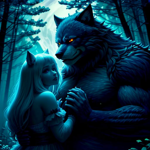a woman and a wolf in the woods with trees and moon in the background, with a wolf in the foreground