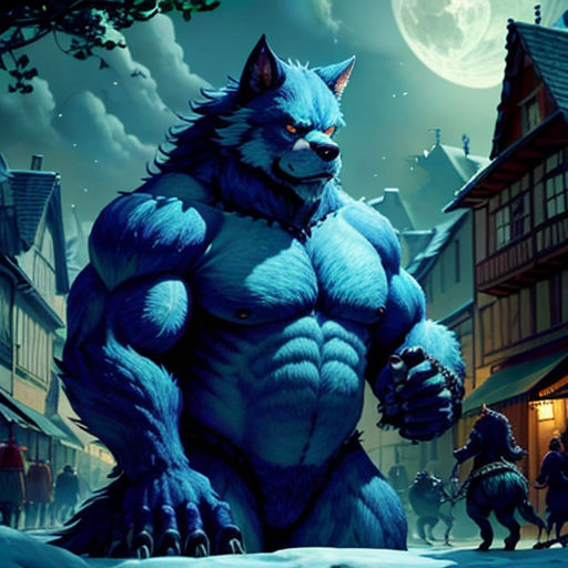 a blue monster standing in front of a house with a wolf on it's back legs and a wolf on his arm