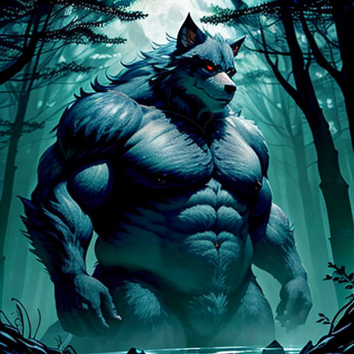 a wolf with red eyes standing in the woods with a forest background and a forest scene behind it, with a wolf in the foreground