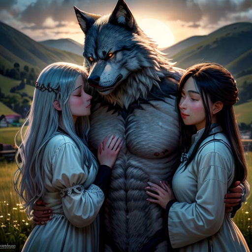 two women standing next to a wolf in a field of grass with a sunset behind them and a wolf in the background