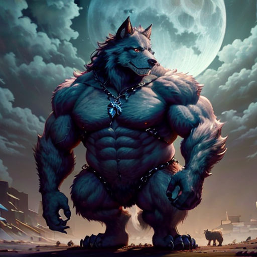 a wolf with chains on its neck standing in front of a full moon and clouds with a city in the background