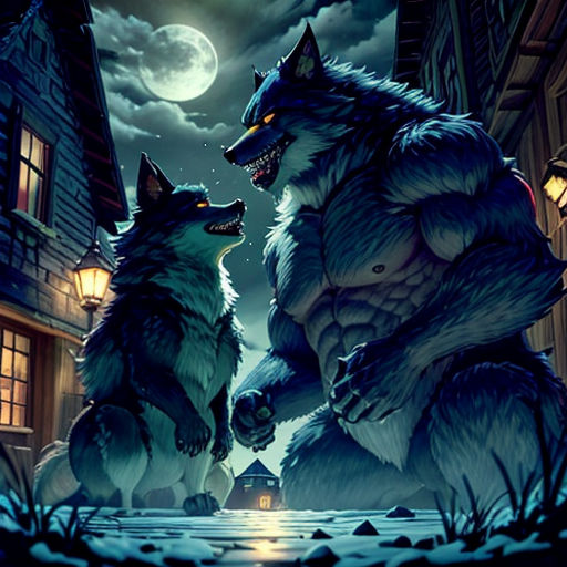 two wolfs are standing in front of a full moon and a street light in the background, with a full moon in the sky