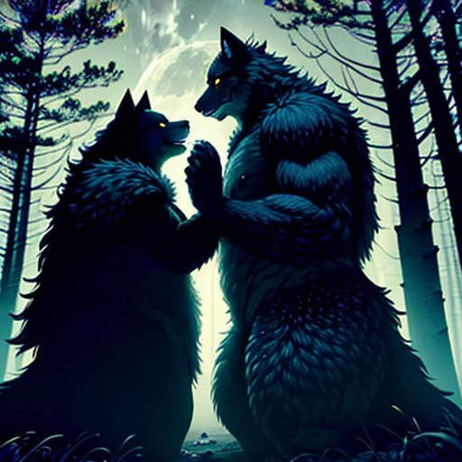 two wolfs standing in the woods with their hands together, facing each other, with a full moon in the background