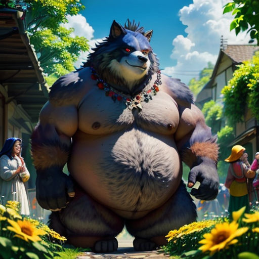 a big furry animal standing in the middle of a street next to a woman and a man in a costume