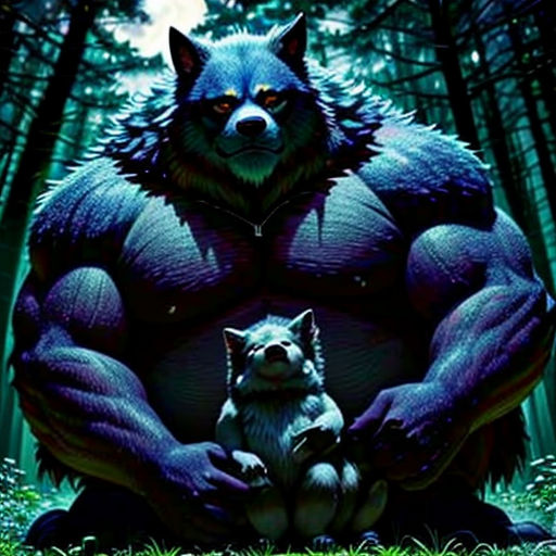 a poster of a wolf and a dog in the woods with trees in the background and a full moon in the sky