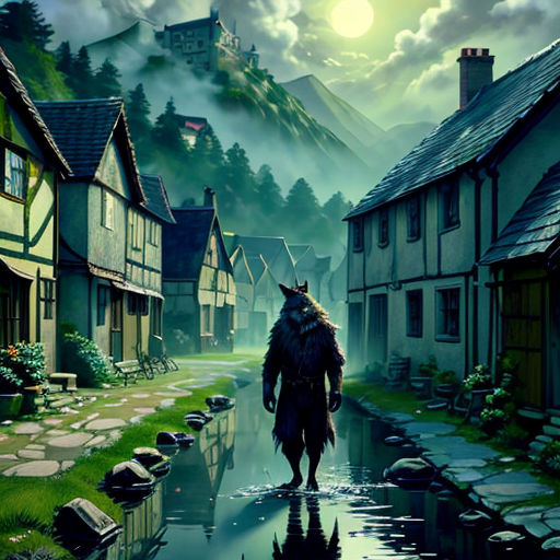 a painting of a man walking down a street next to a river in a village with mountains in the background