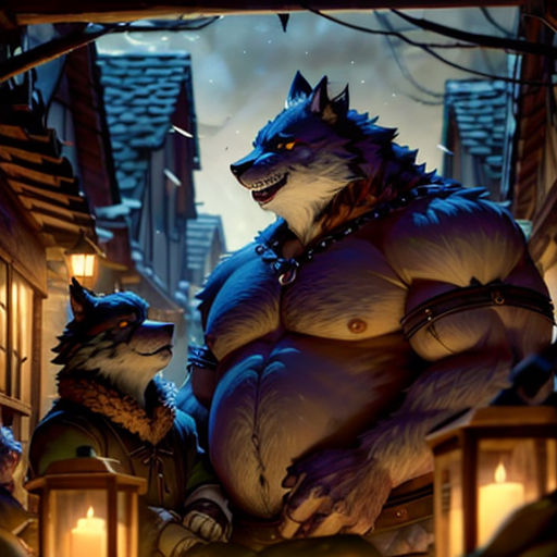 a wolf and a wolf cub are standing in a street at night with lanterns and lanterns around them,