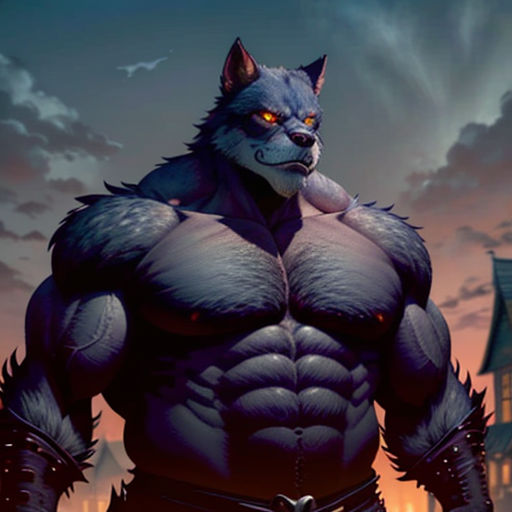 a wolf with a sword standing in front of a castle at night with a full moon in the background