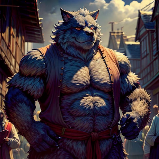 a man in a furry costume standing in a street with a wolf on his chest and a wolf on his shoulder